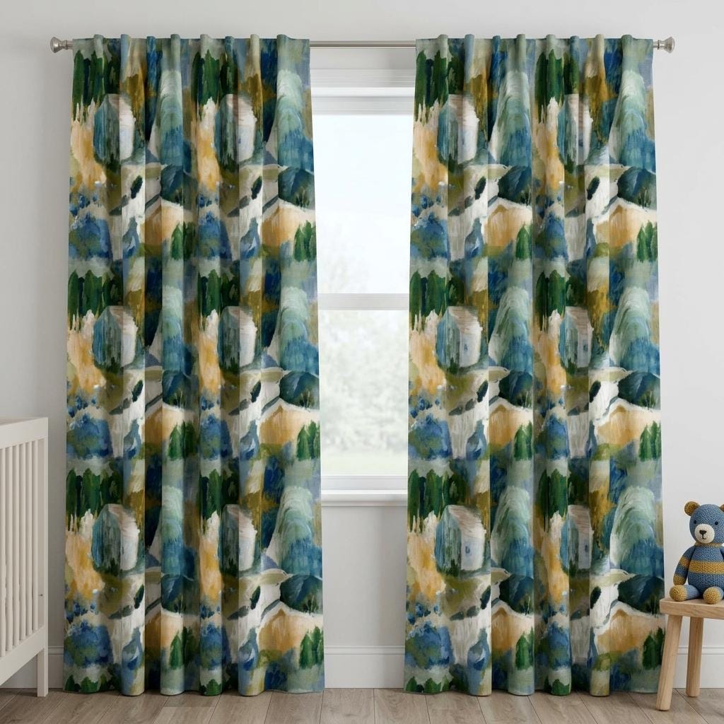Blue Green Mustard Linen Curtains, Abstract Watercolor Landscape Print, Custom Nursery Drapes, Blackout Option — image 6