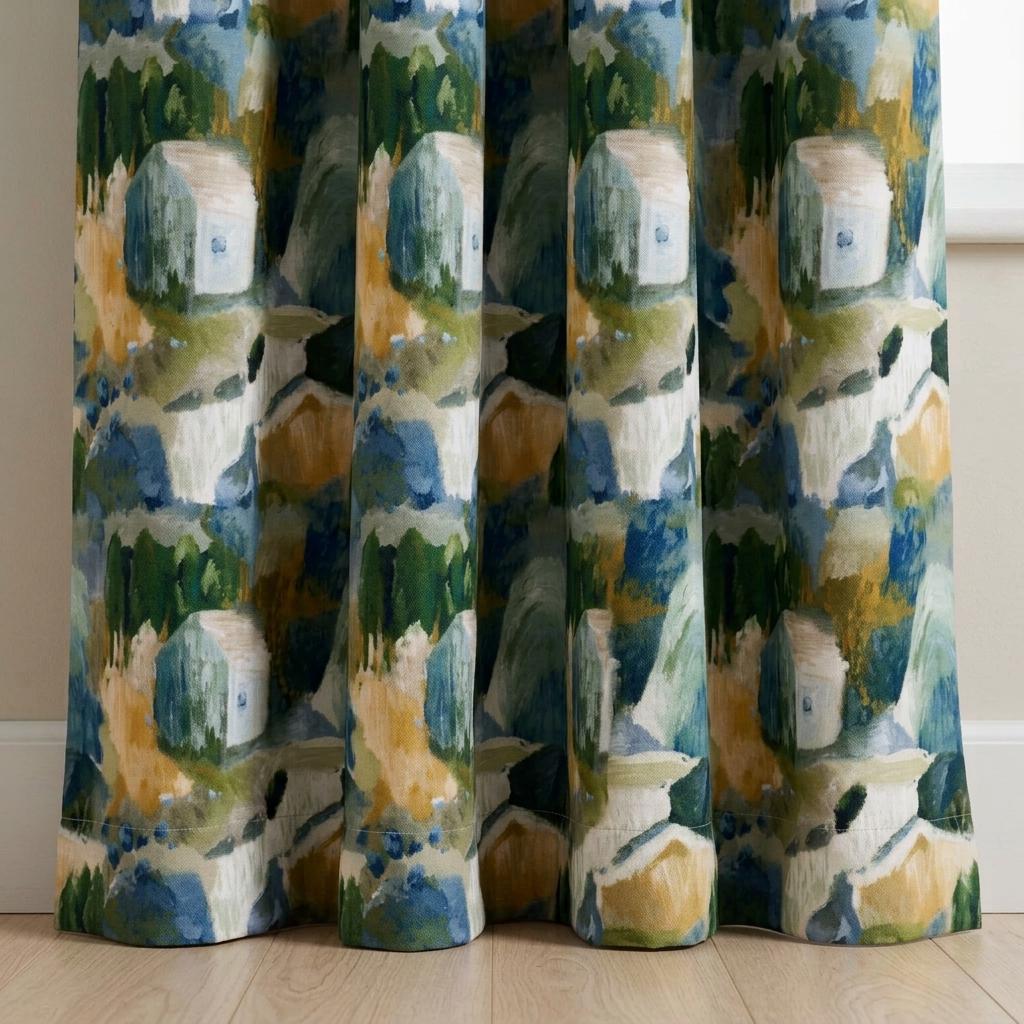 Blue Green Mustard Linen Curtains, Abstract Watercolor Landscape Print, Custom Nursery Drapes, Blackout Option — image 5