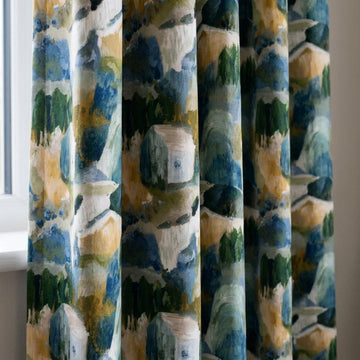 Blue Green Mustard Linen Curtains, Abstract Watercolor Landscape Print, Custom Nursery Drapes, Blackout Option — image 1