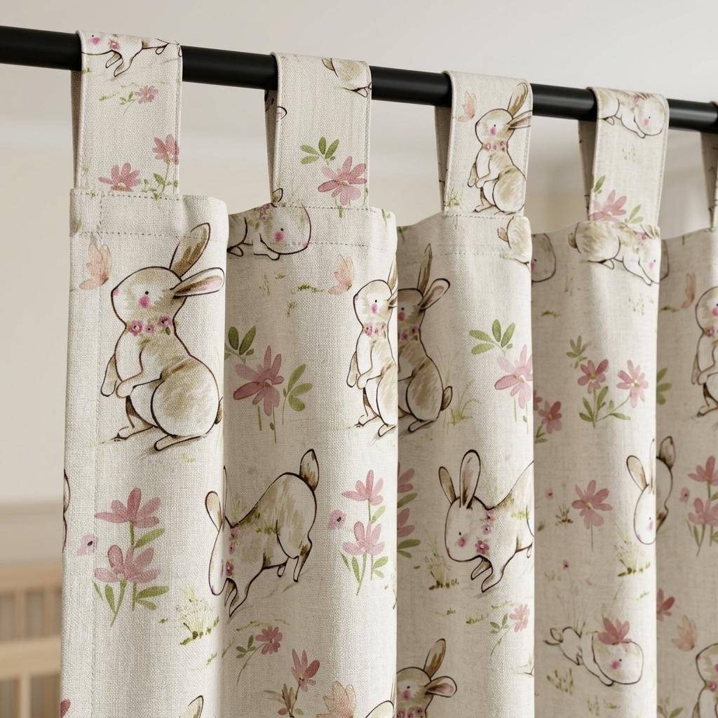 Ivory Bunny Linen Curtains, Blush Watercolor Floral Print, Custom Woodland Nursery Drapes, Blackout Option — image 1