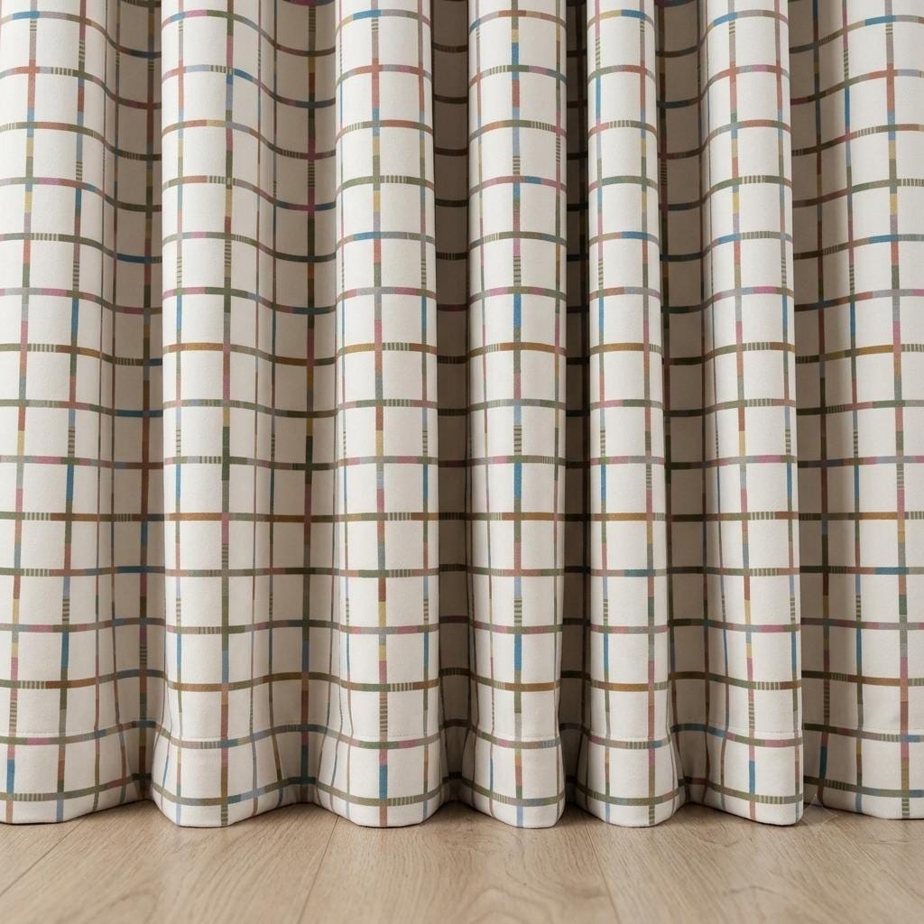 Velvet Nursery Curtains, Soft Ivory Pastel Multicolor Geometric Grid Kids Room Drapes, Custom Blackout Option — image 5