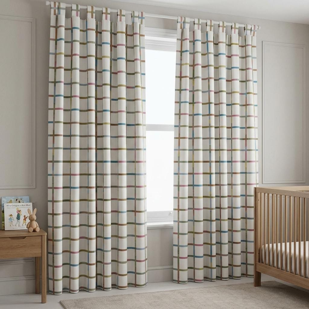 Velvet Nursery Curtains, Soft Ivory Pastel Multicolor Geometric Grid Kids Room Drapes, Custom Blackout Option — image 3