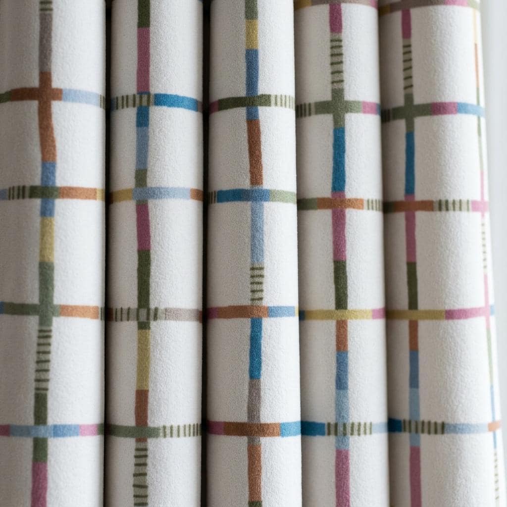 Velvet Nursery Curtains, Soft Ivory Pastel Multicolor Geometric Grid Kids Room Drapes, Custom Blackout Option — image 6