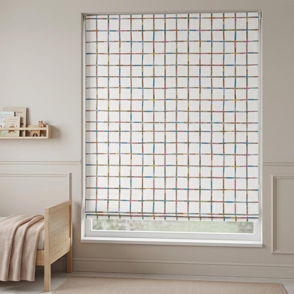 Soft White Multicolor Plaid Velvet Roman Shade, Kids Nursery Custom Blind, Blackout or Light Filtering — image 1