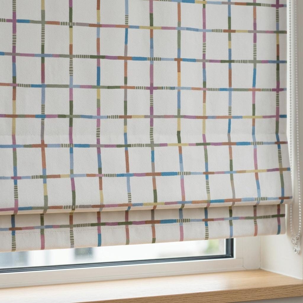 Soft White Multicolor Plaid Velvet Roman Shade, Kids Nursery Custom Blind, Blackout or Light Filtering — image 1