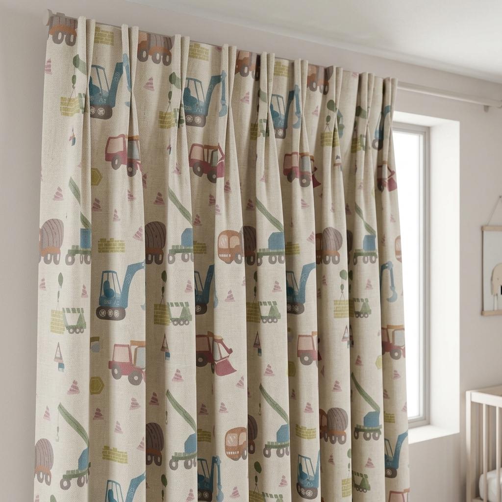 Construction Linen Nursery Curtains, Soft White Excavator Crane Truck Print Kids Room Drapes, Custom Blackout Panels — image 9
