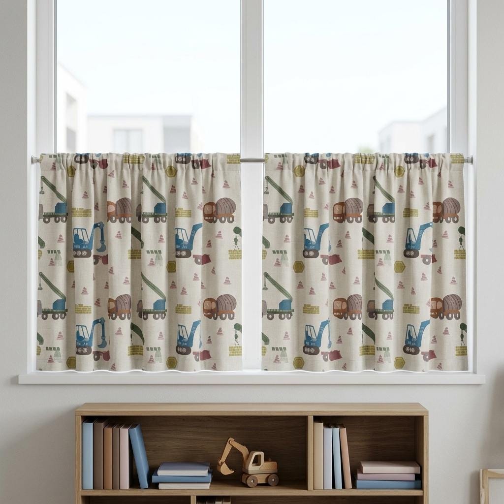 Construction Linen Nursery Curtains, Soft White Excavator Crane Truck Print Kids Room Drapes, Custom Blackout Panels — image 5