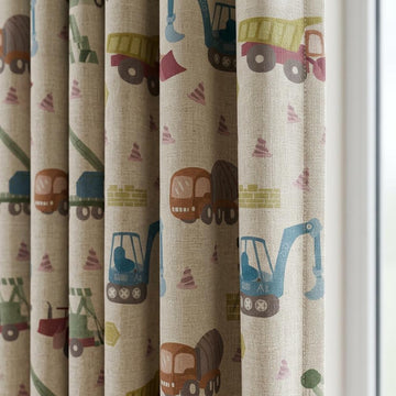 Construction Linen Nursery Curtains, Soft White Excavator Crane Truck Print Kids Room Drapes, Custom Blackout Panels — image 1