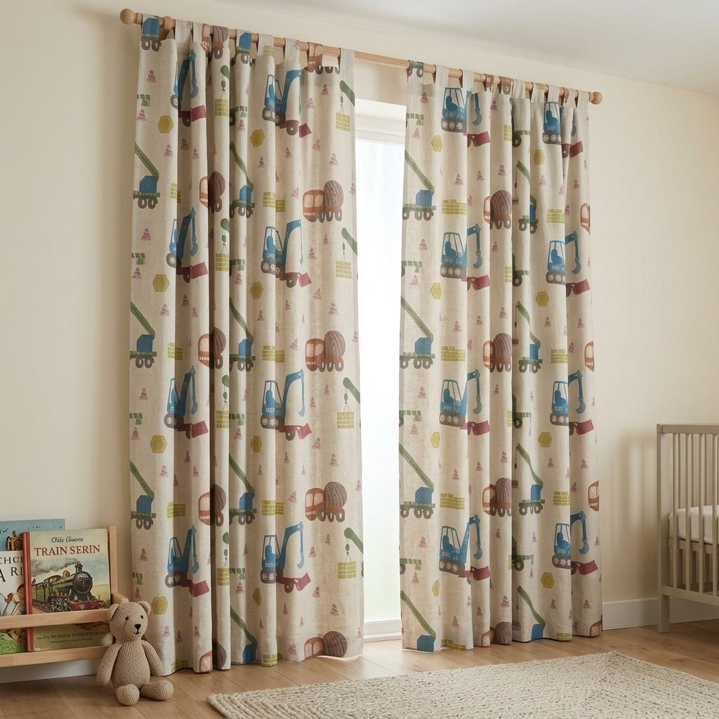 Construction Linen Nursery Curtains, Soft White Excavator Crane Truck Print Kids Room Drapes, Custom Blackout Panels — image 6
