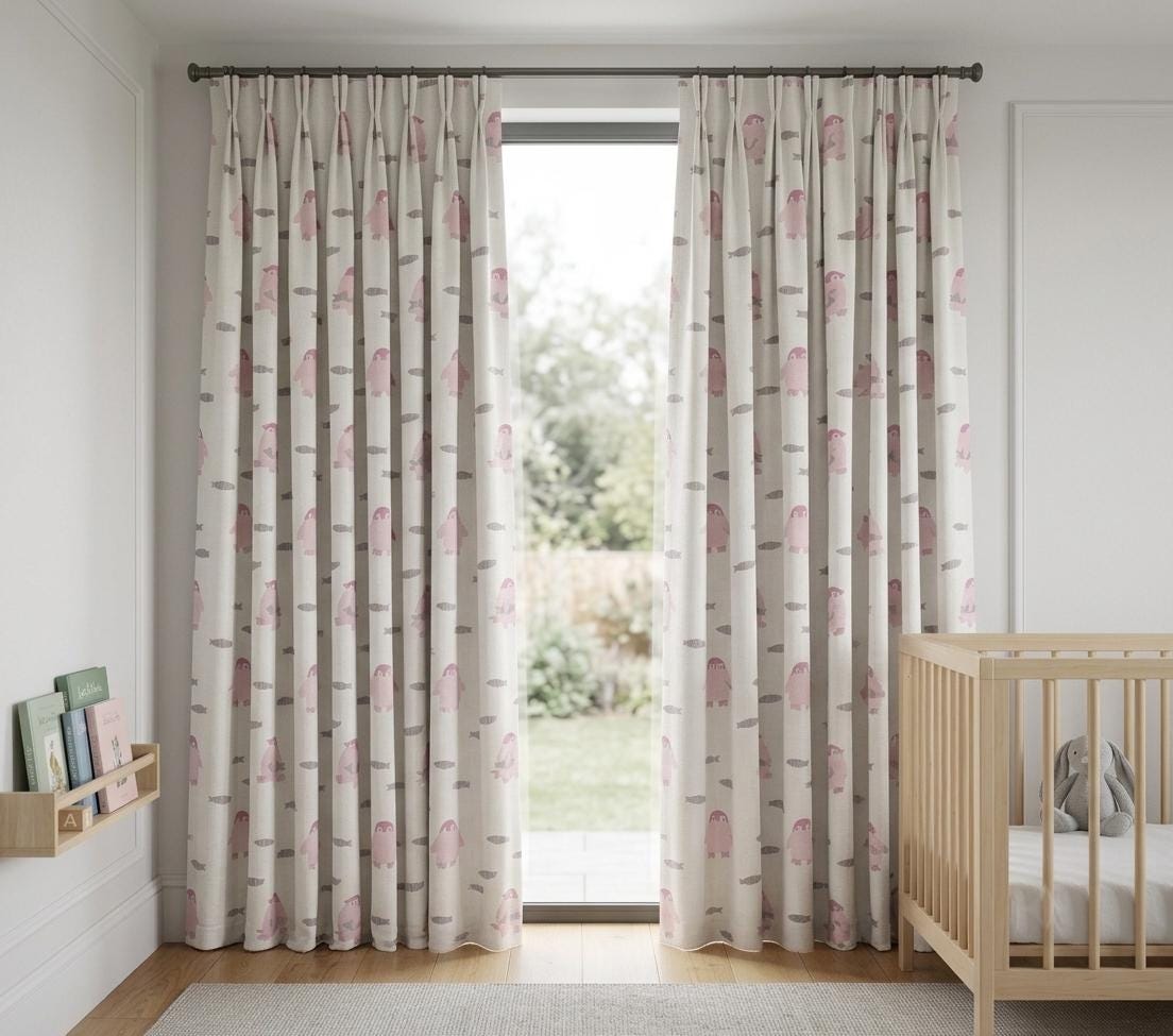 Pink Penguin Linen Nursery Curtains, Pale Blue White Fish Print Kids Room Drapes, Custom Blackout Panels — image 7