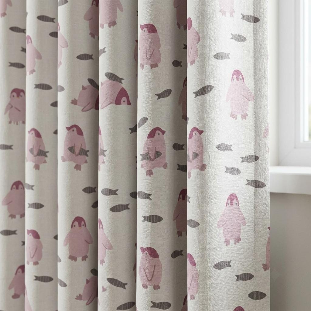 Pink Penguin Linen Nursery Curtains, Pale Blue White Fish Print Kids Room Drapes, Custom Blackout Panels — image 1