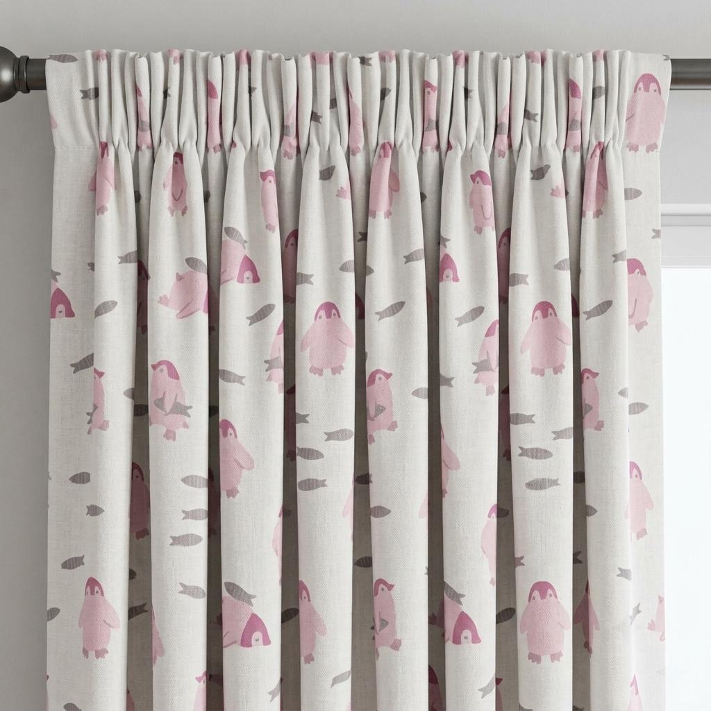 Pink Penguin Linen Nursery Curtains, Pale Blue White Fish Print Kids Room Drapes, Custom Blackout Panels — image 3