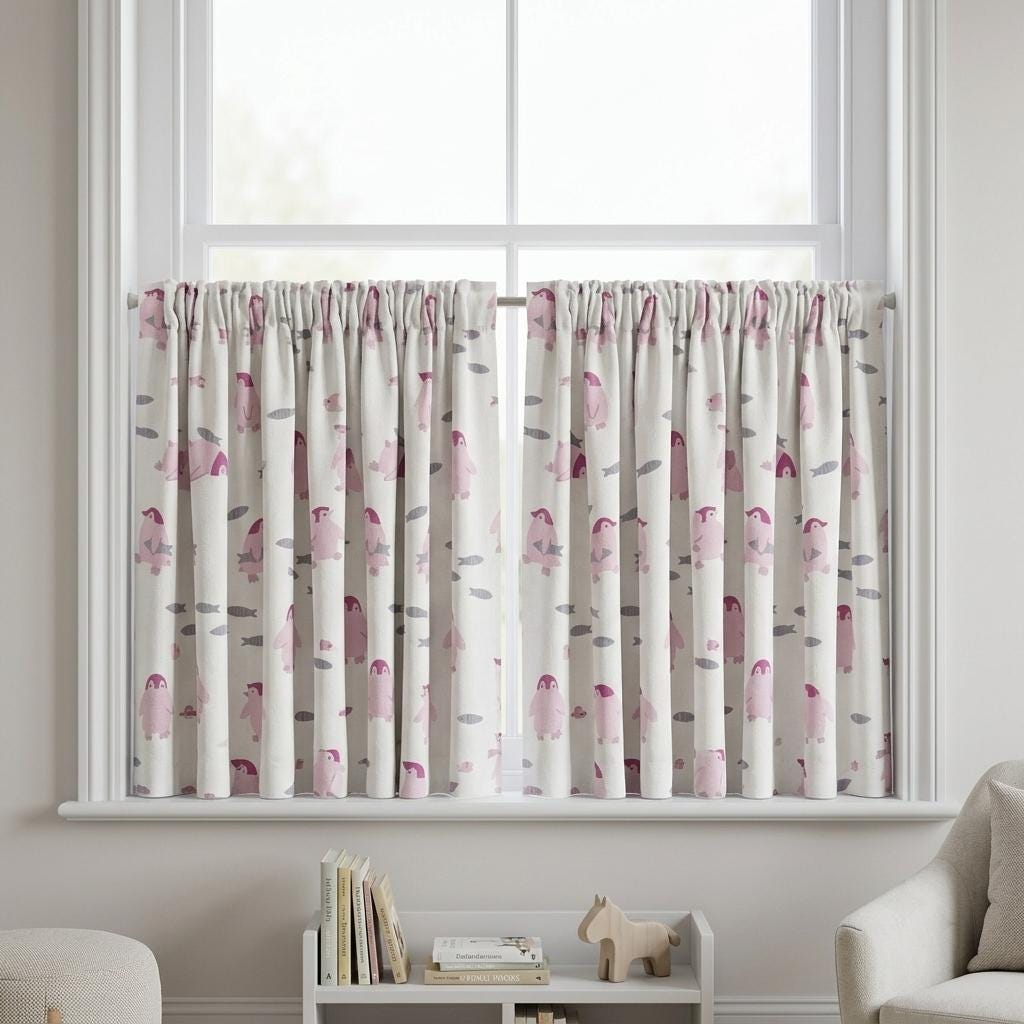 Pink Penguin Linen Nursery Curtains, Pale Blue White Fish Print Kids Room Drapes, Custom Blackout Panels — image 8