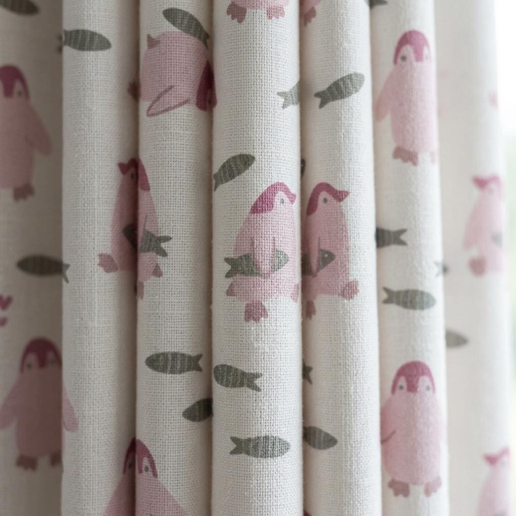 Pink Penguin Linen Nursery Curtains, Pale Blue White Fish Print Kids Room Drapes, Custom Blackout Panels — image 4