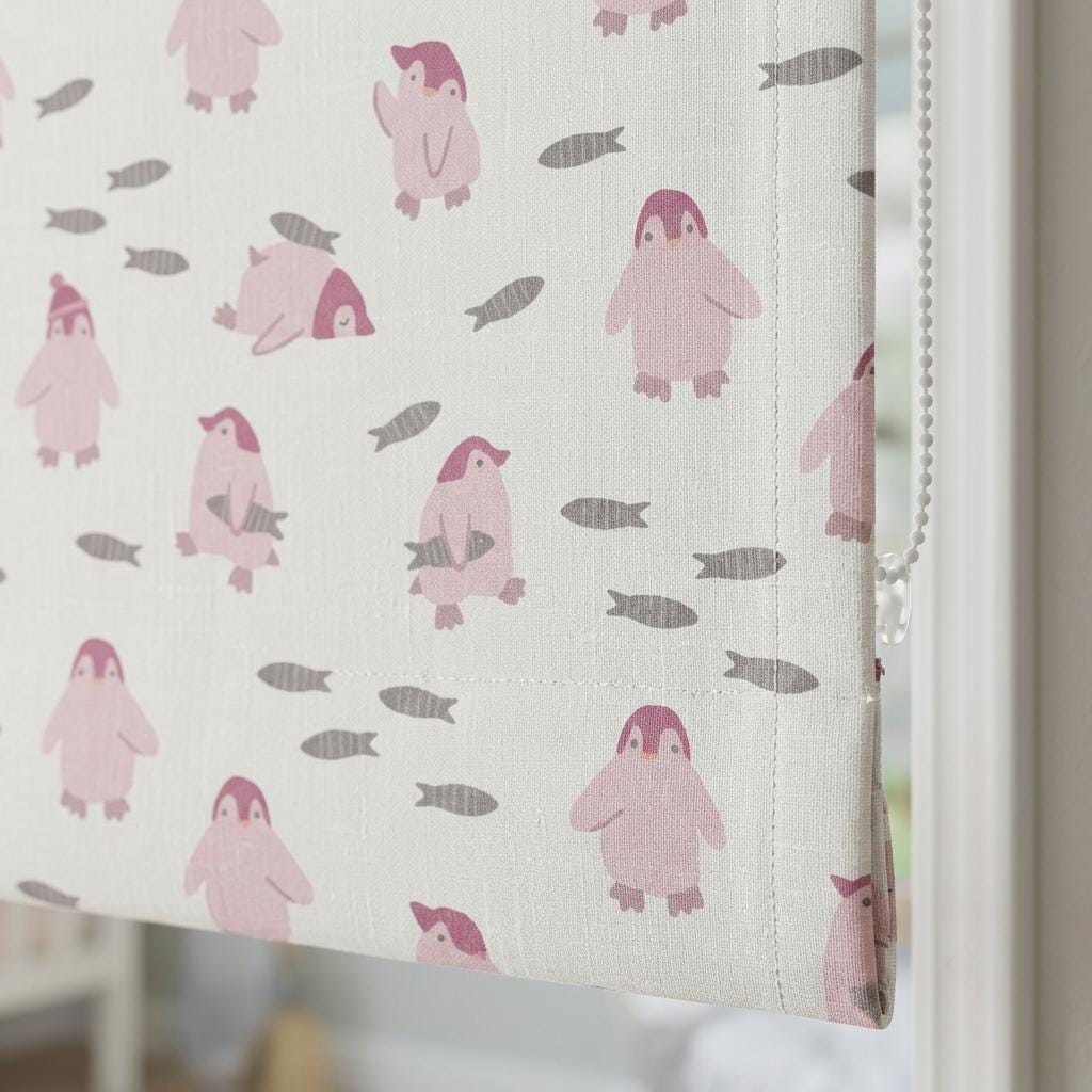 Pale Seafoam Linen Roman Shade, Pink Penguin & Gray Fish Nursery Blind, Custom Blackout or Light Filtering — image 3