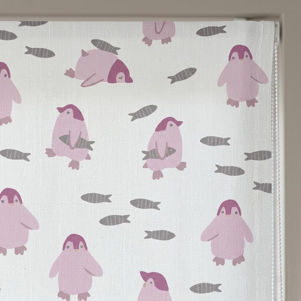 Pale Seafoam Linen Roman Shade, Pink Penguin & Gray Fish Nursery Blind, Custom Blackout or Light Filtering — image 8