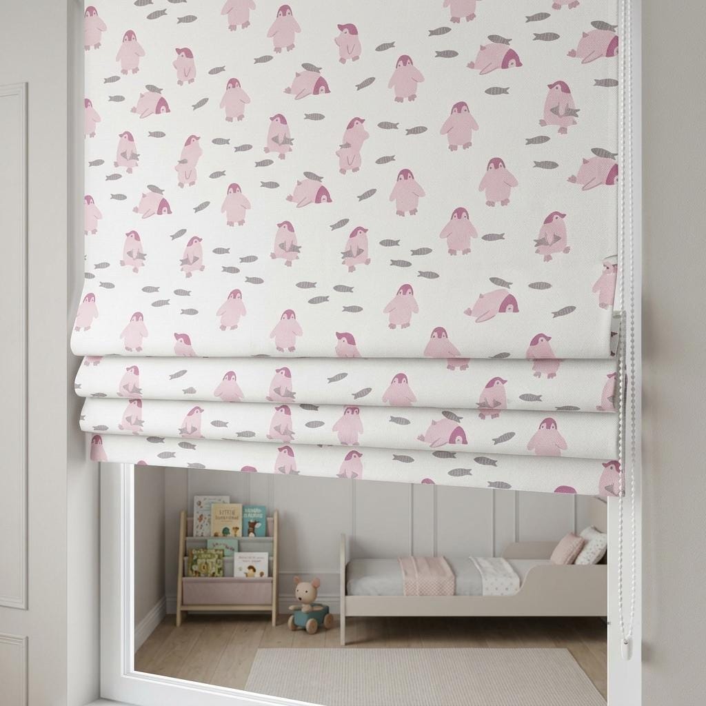 Pale Seafoam Linen Roman Shade, Pink Penguin & Gray Fish Nursery Blind, Custom Blackout or Light Filtering — image 2