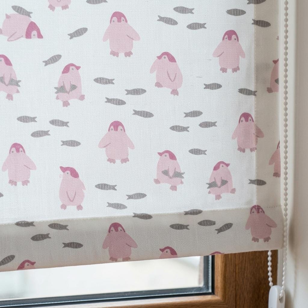 Pale Seafoam Linen Roman Shade, Pink Penguin & Gray Fish Nursery Blind, Custom Blackout or Light Filtering — image 7