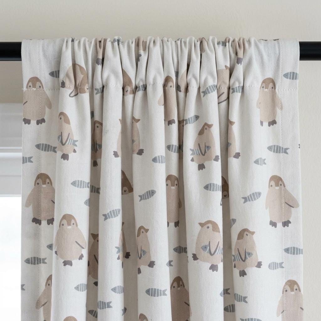 Penguin Linen Nursery Curtains, Soft White with Taupe Penguins & Blue-Gray Fish, Custom Blackout Option — image 4