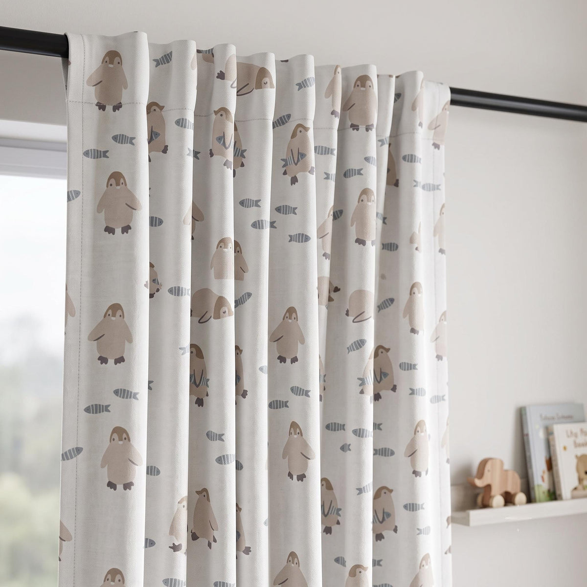 Penguin Linen Nursery Curtains, Soft White with Taupe Penguins & Blue-Gray Fish, Custom Blackout Option — image 9