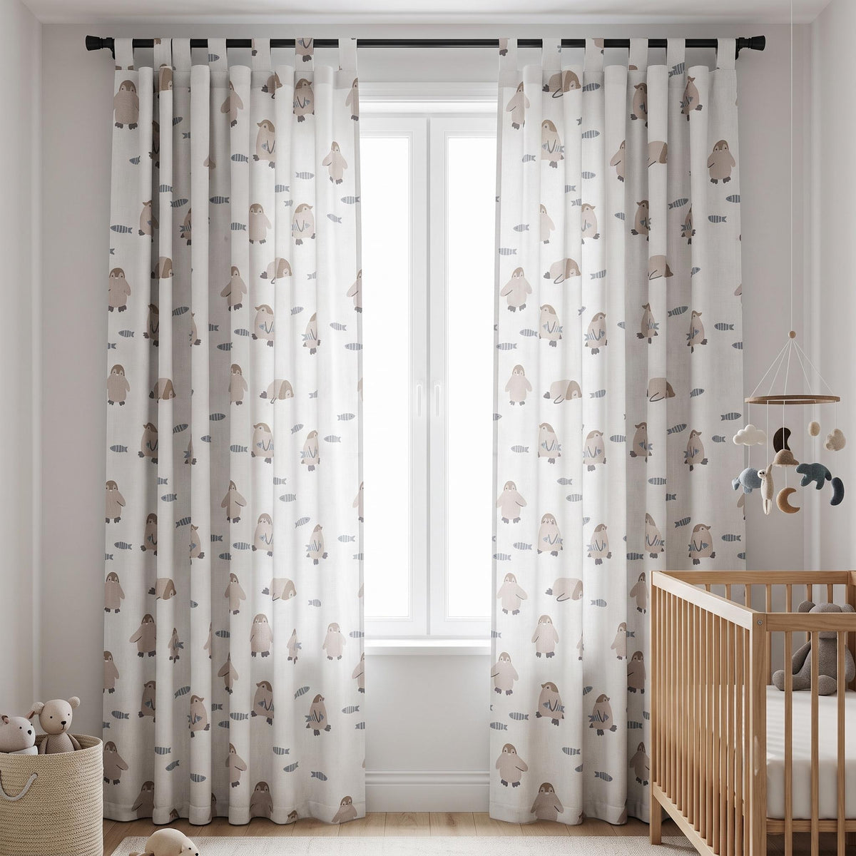 Penguin Linen Nursery Curtains, Soft White with Taupe Penguins & Blue-Gray Fish, Custom Blackout Option — image 6