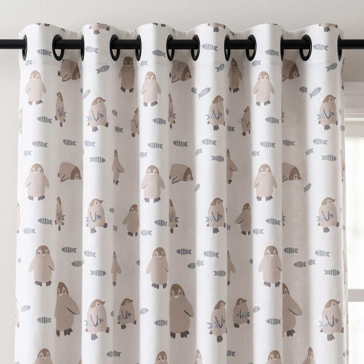 Penguin Linen Nursery Curtains, Soft White with Taupe Penguins & Blue-Gray Fish, Custom Blackout Option — image 7
