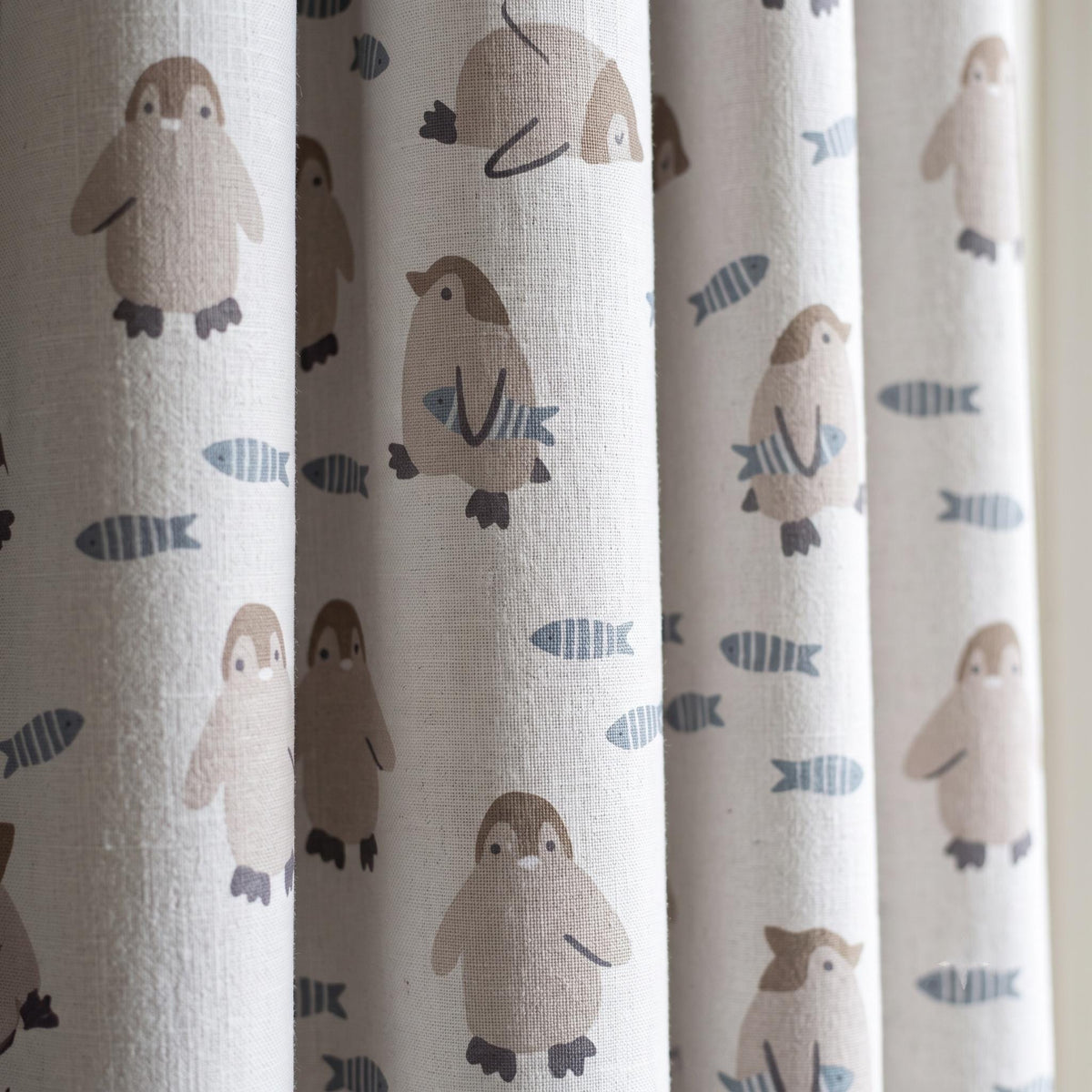 Penguin Linen Nursery Curtains, Soft White with Taupe Penguins & Blue-Gray Fish, Custom Blackout Option — image 1