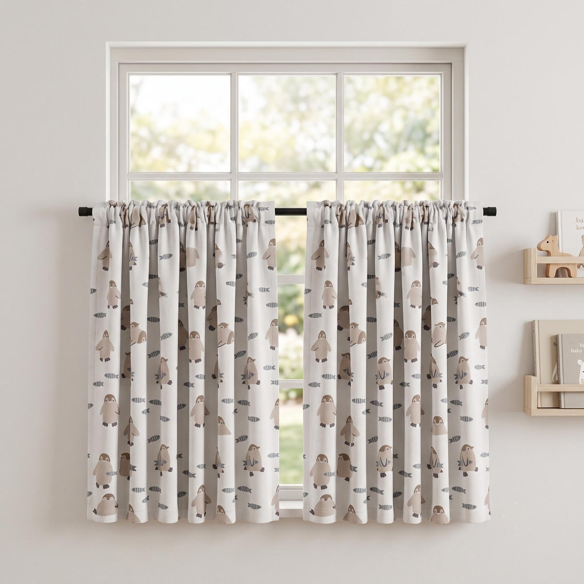 Penguin Linen Nursery Curtains, Soft White with Taupe Penguins & Blue-Gray Fish, Custom Blackout Option — image 8