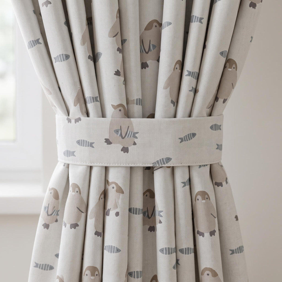 Penguin Linen Nursery Curtains, Soft White with Taupe Penguins & Blue-Gray Fish, Custom Blackout Option — image 3