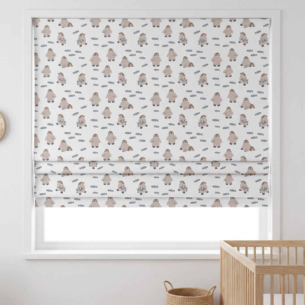 Penguin Pure Linen Roman Shade, White Taupe & Blue Gray Fish Print, Custom Nursery Blind, Blackout or Light Filtering — image 6