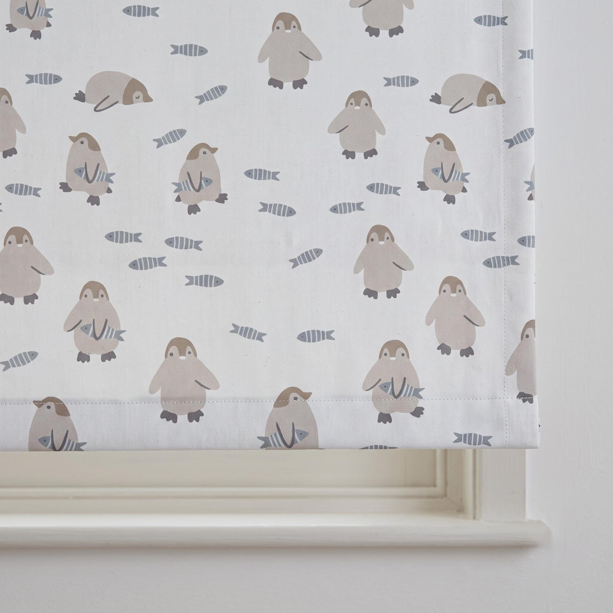 Penguin Pure Linen Roman Shade, White Taupe & Blue Gray Fish Print, Custom Nursery Blind, Blackout or Light Filtering — image 10