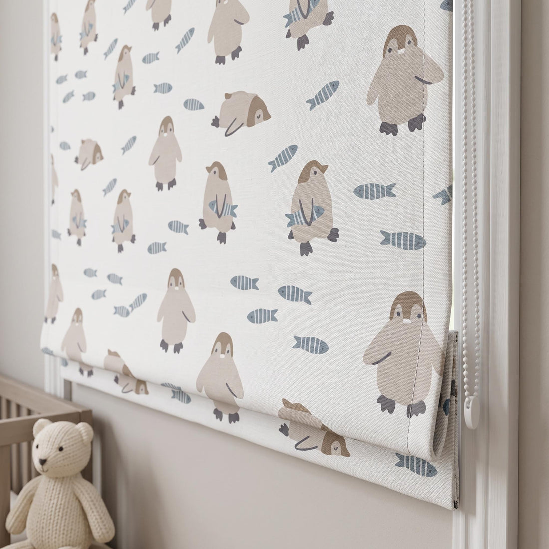 Penguin Pure Linen Roman Shade, White Taupe & Blue Gray Fish Print, Custom Nursery Blind, Blackout or Light Filtering — image 1