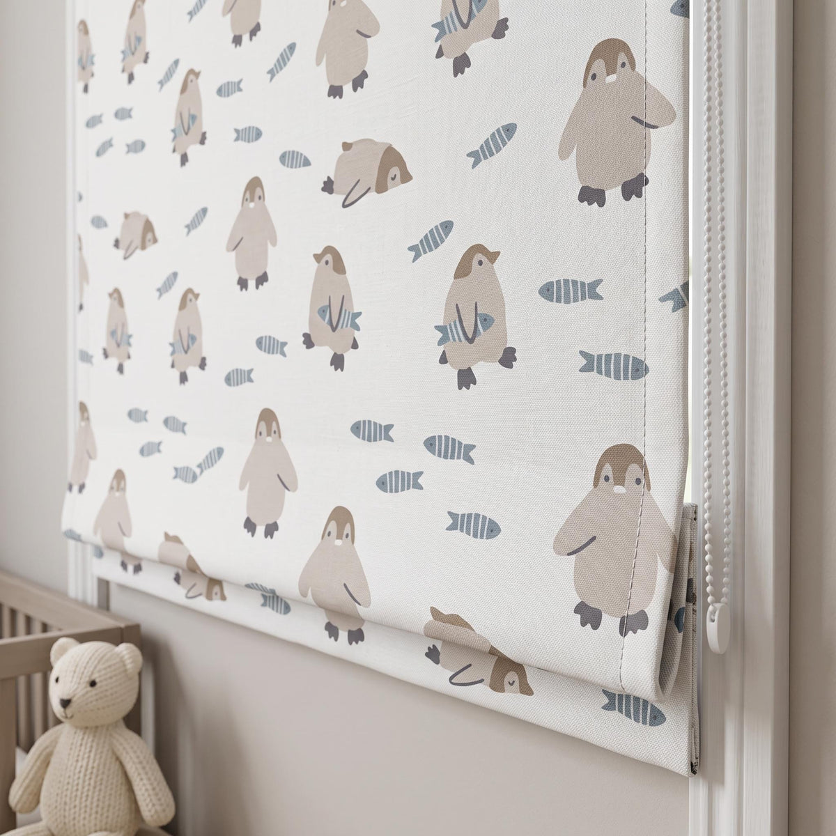 Penguin Pure Linen Roman Shade, White Taupe & Blue Gray Fish Print, Custom Nursery Blind, Blackout or Light Filtering — image 2