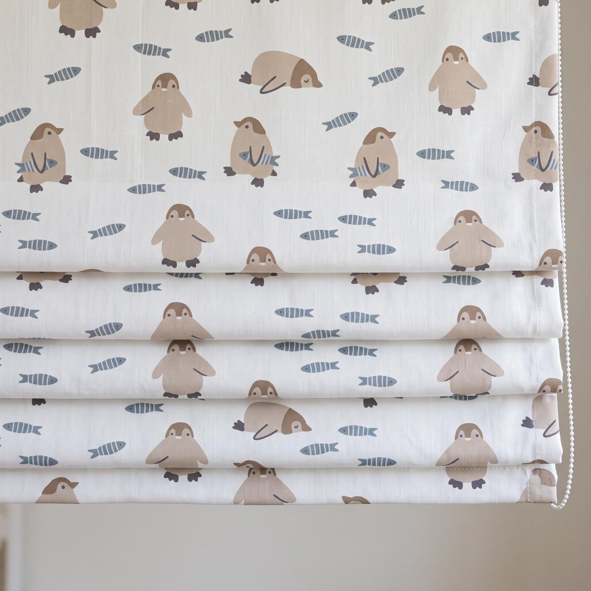 Penguin Pure Linen Roman Shade, White Taupe & Blue Gray Fish Print, Custom Nursery Blind, Blackout or Light Filtering — image 4