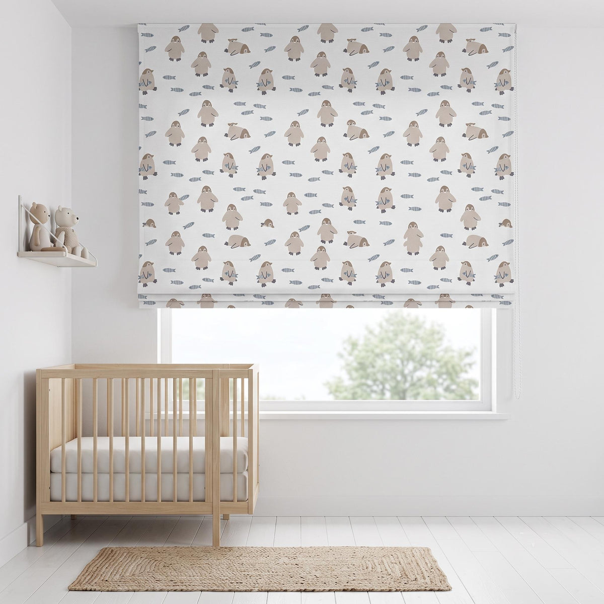 Penguin Pure Linen Roman Shade, White Taupe & Blue Gray Fish Print, Custom Nursery Blind, Blackout or Light Filtering — image 8