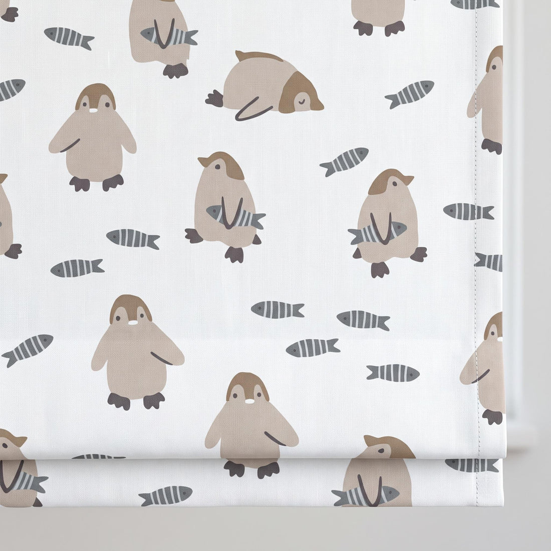 Penguin Pure Linen Roman Shade, White Taupe & Blue Gray Fish Print, Custom Nursery Blind, Blackout or Light Filtering — image 1