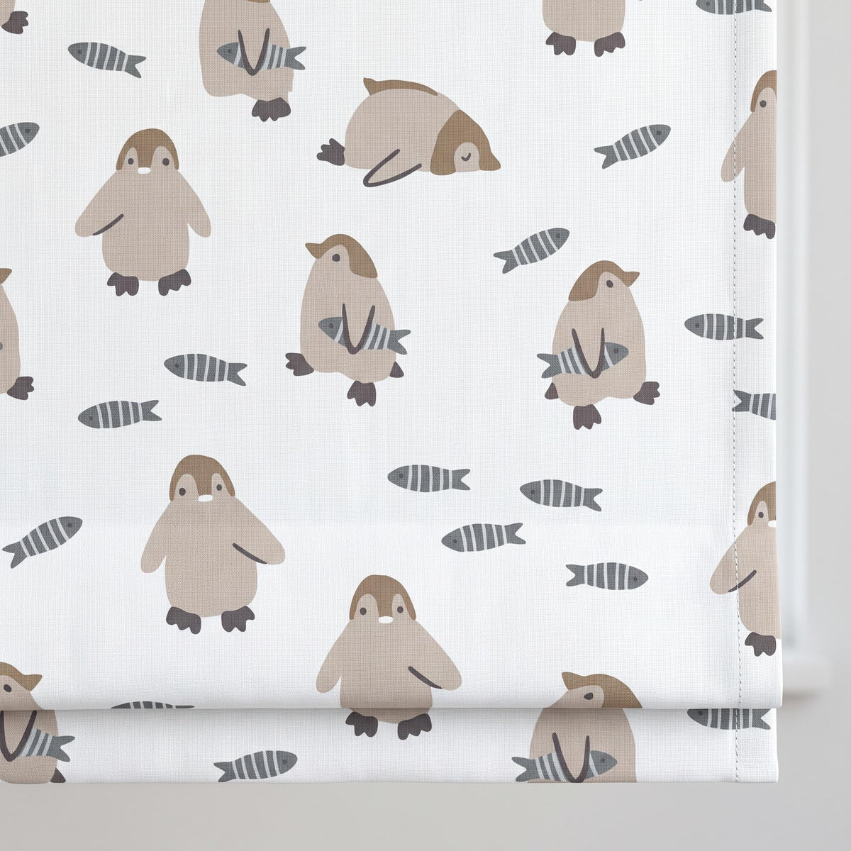 Penguin Pure Linen Roman Shade, White Taupe & Blue Gray Fish Print, Custom Nursery Blind, Blackout or Light Filtering — image 1