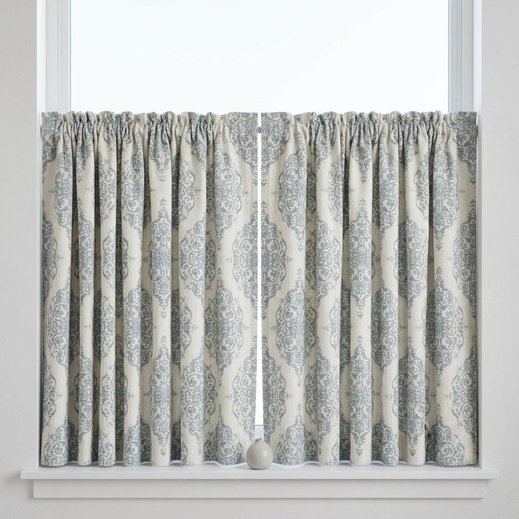 Blue & Ivory Damask Linen Jacquard Curtains, Heavy Custom Drapes, Blackout Option, Extra Long Panels — image 8