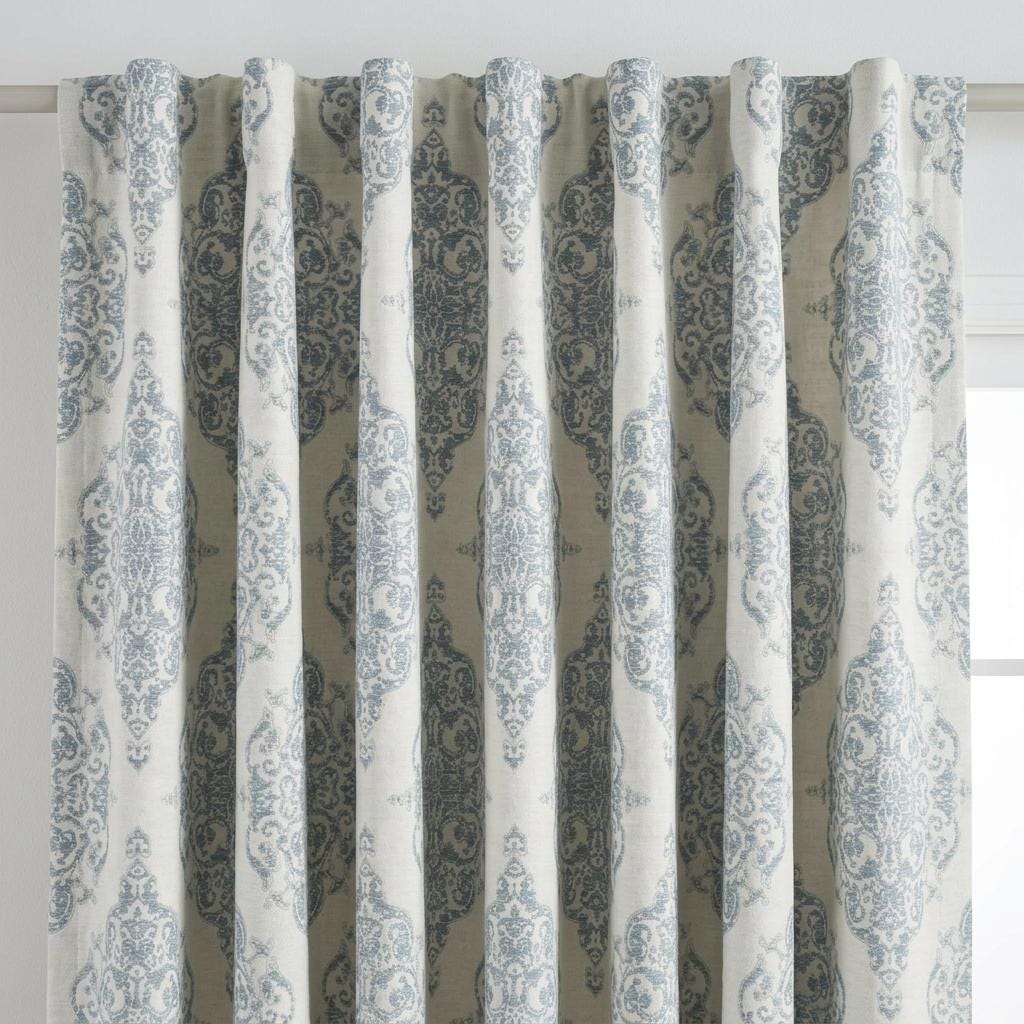 Blue & Ivory Damask Linen Jacquard Curtains, Heavy Custom Drapes, Blackout Option, Extra Long Panels — image 7