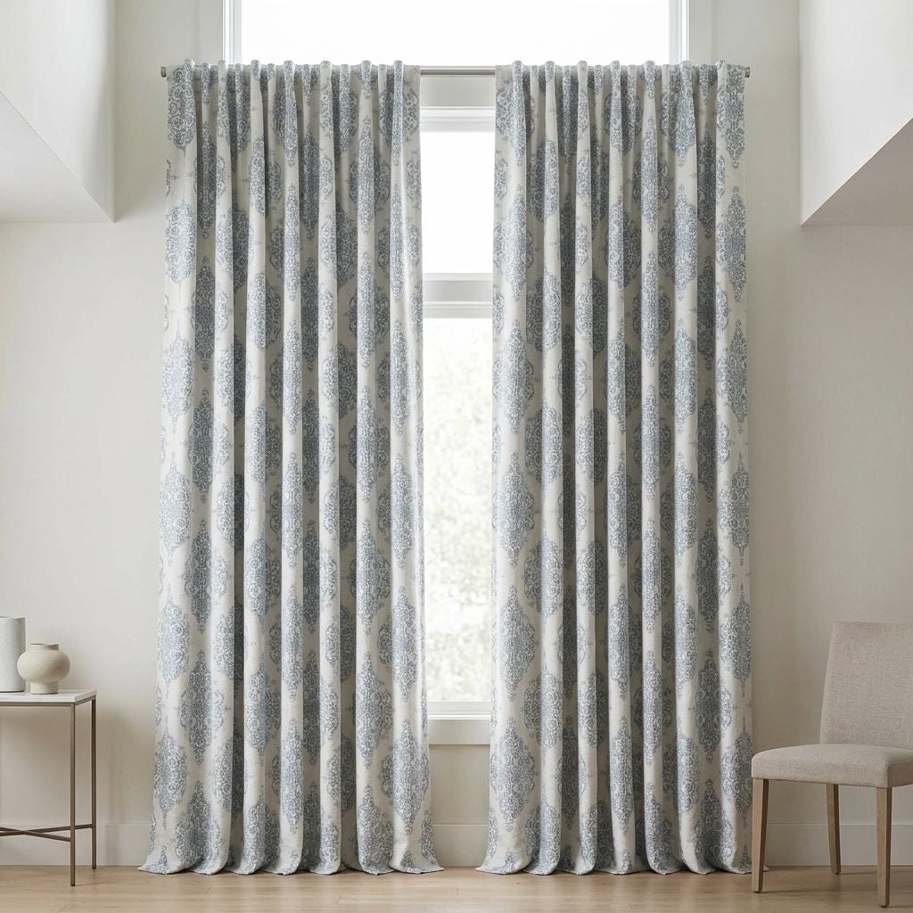 Blue & Ivory Damask Linen Jacquard Curtains, Heavy Custom Drapes, Blackout Option, Extra Long Panels — image 4
