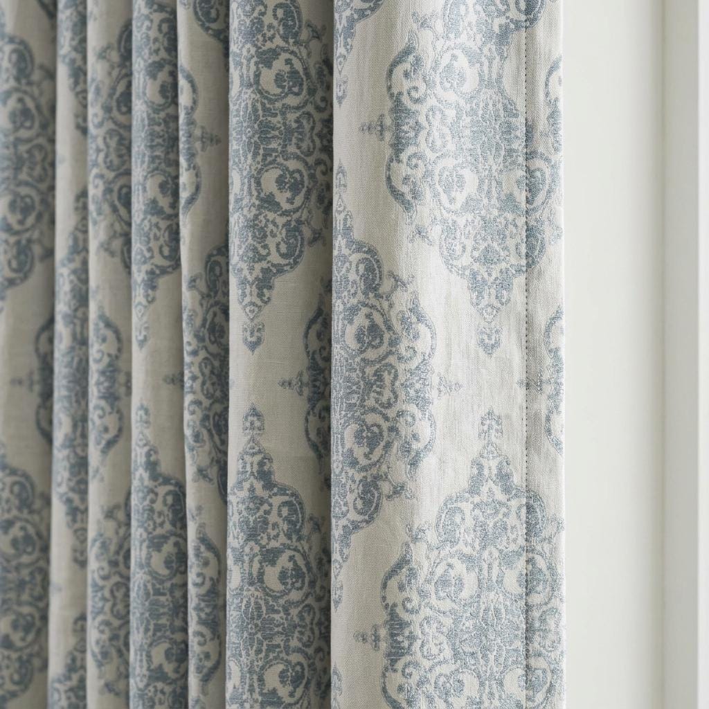 Blue & Ivory Damask Linen Jacquard Curtains, Heavy Custom Drapes, Blackout Option, Extra Long Panels — image 1