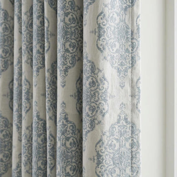 Blue & Ivory Damask Linen Jacquard Curtains, Heavy Custom Drapes, Blackout Option, Extra Long Panels — image 1