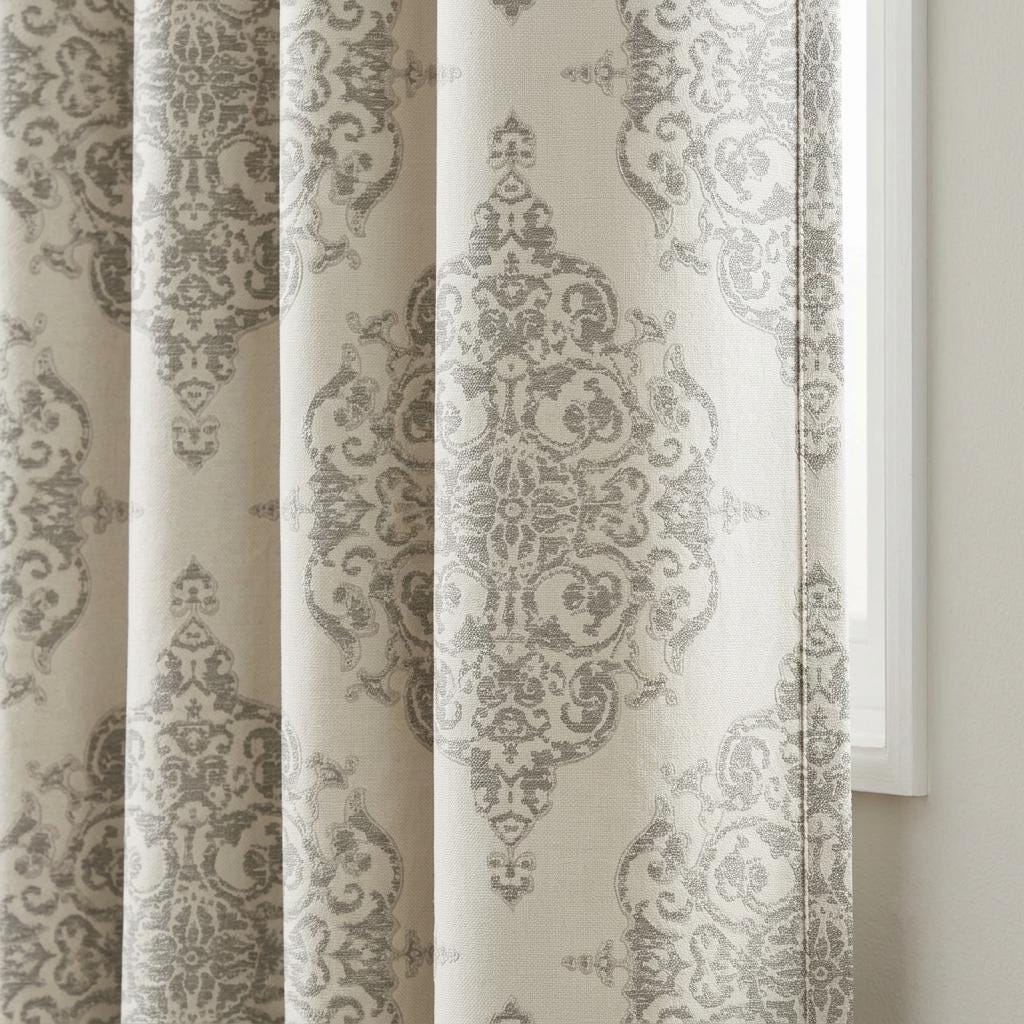 Heavy Linen Jacquard Curtains, Warm Ivory & Soft Greige Damask Drapes, Custom Blackout Curtains, Extra Long Luxury Window Panels — image 1