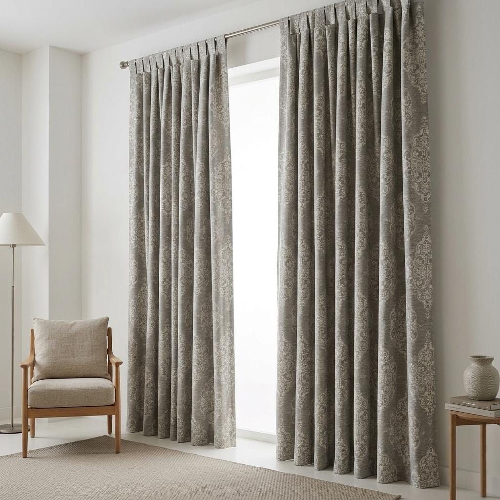 Warm Gray & Ivory Damask Linen Jacquard Curtains, Heavy Custom Drapes, Blackout Option, Extra Long Panels — image 1