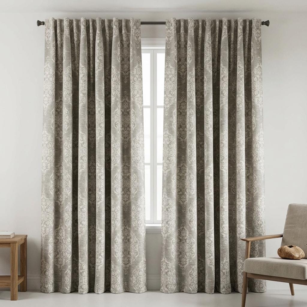 Warm Gray & Ivory Damask Linen Jacquard Curtains, Heavy Custom Drapes, Blackout Option, Extra Long Panels — image 6