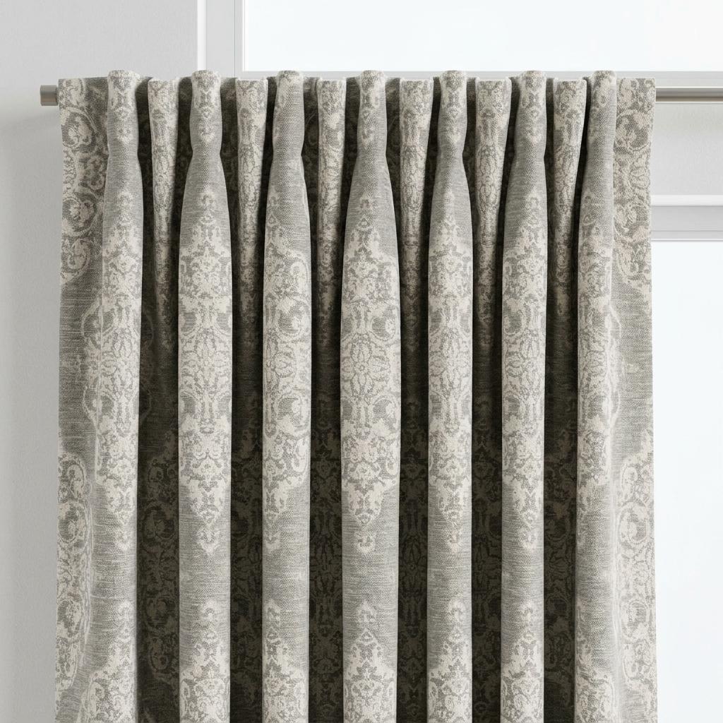 Warm Gray & Ivory Damask Linen Jacquard Curtains, Heavy Custom Drapes, Blackout Option, Extra Long Panels — image 4