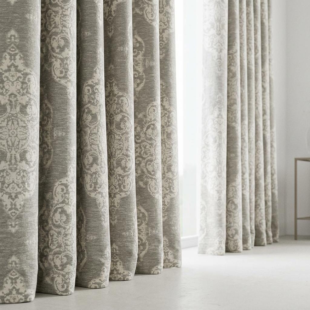 Warm Gray & Ivory Damask Linen Jacquard Curtains, Heavy Custom Drapes, Blackout Option, Extra Long Panels — image 7