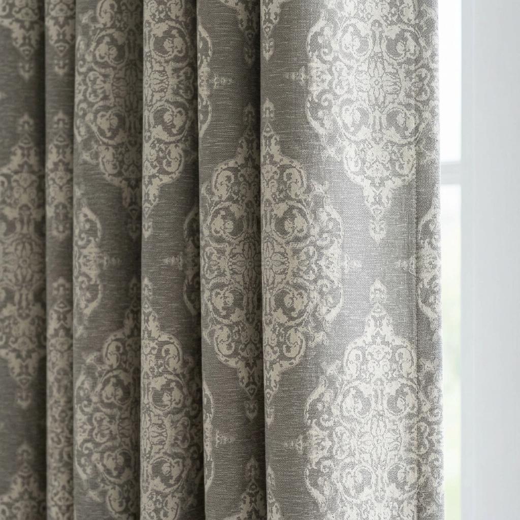 Warm Gray & Ivory Damask Linen Jacquard Curtains, Heavy Custom Drapes, Blackout Option, Extra Long Panels — image 1