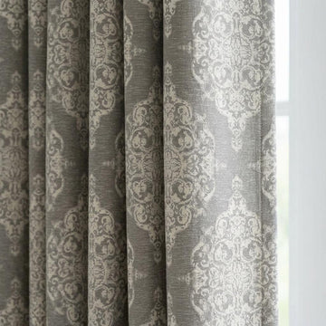Warm Gray & Ivory Damask Linen Jacquard Curtains, Heavy Custom Drapes, Blackout Option, Extra Long Panels — image 1