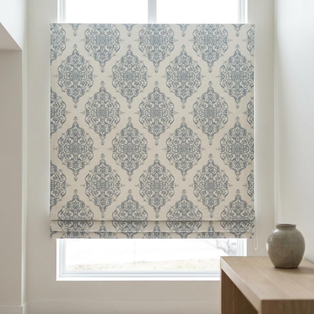 Dusty Blue Gray & Soft White Damask Jacquard Pure Linen Roman Shade, Custom Window Blind, Blackout or Light Filtering — image 6